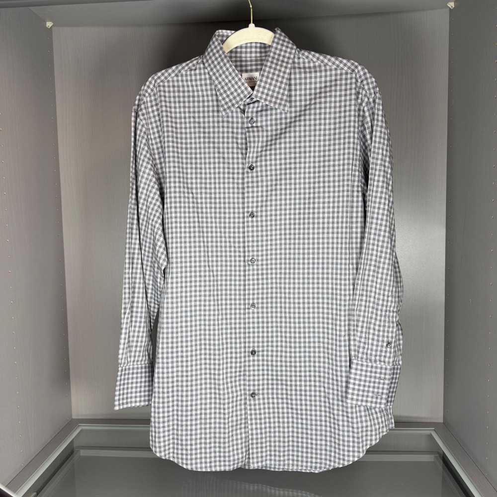 Armani Collezioni Mens Gingham Check Button Down Shirt Grey White Cotton XL